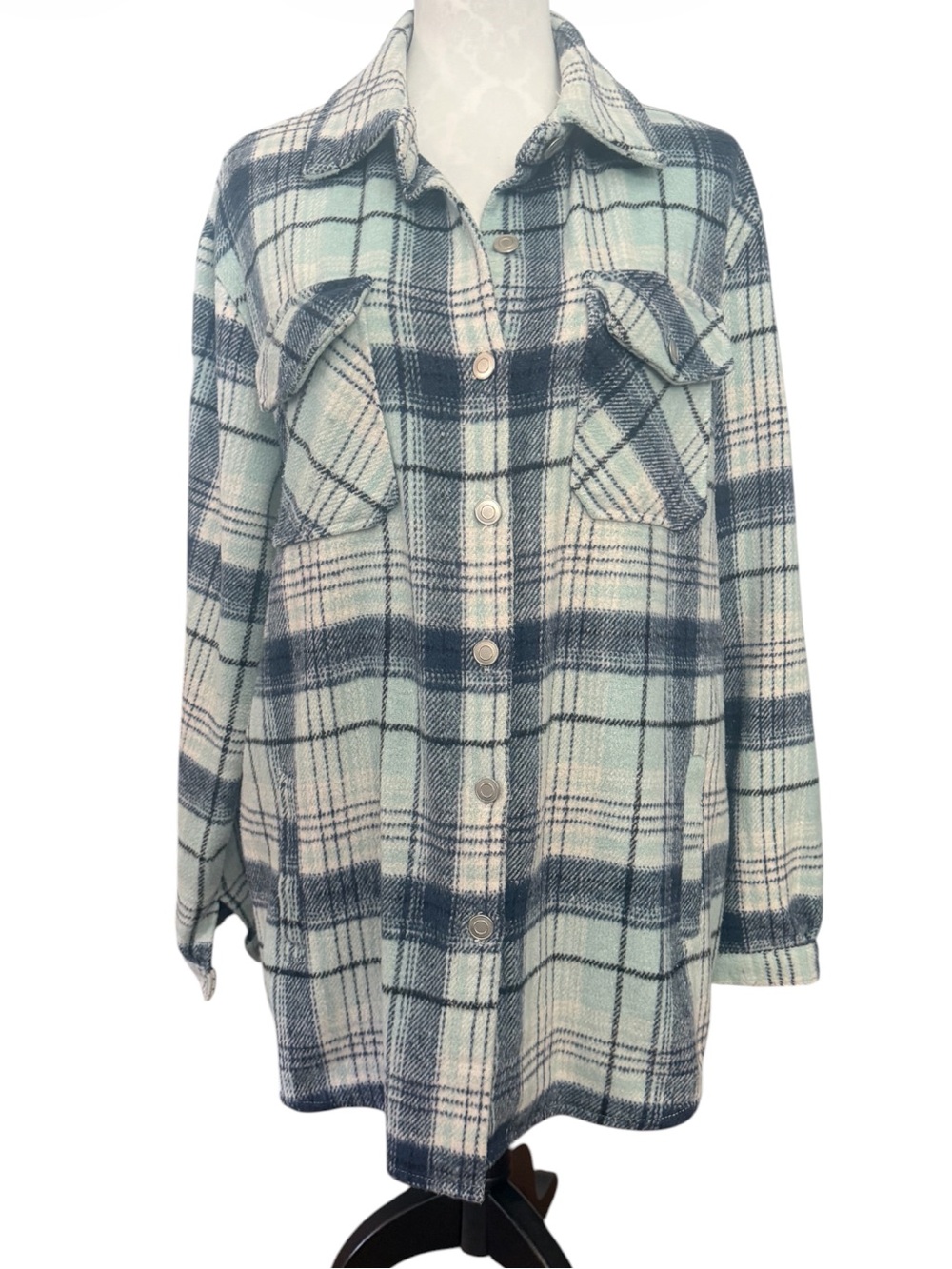 Plaid Shacket Jacket Shirt Mint Green Navy Button Front Flap Pockets